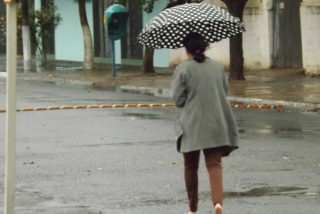 Com uma sombrinha, a mulher se protege da chuva fraca que cai sobre Três Lagoas neste momento